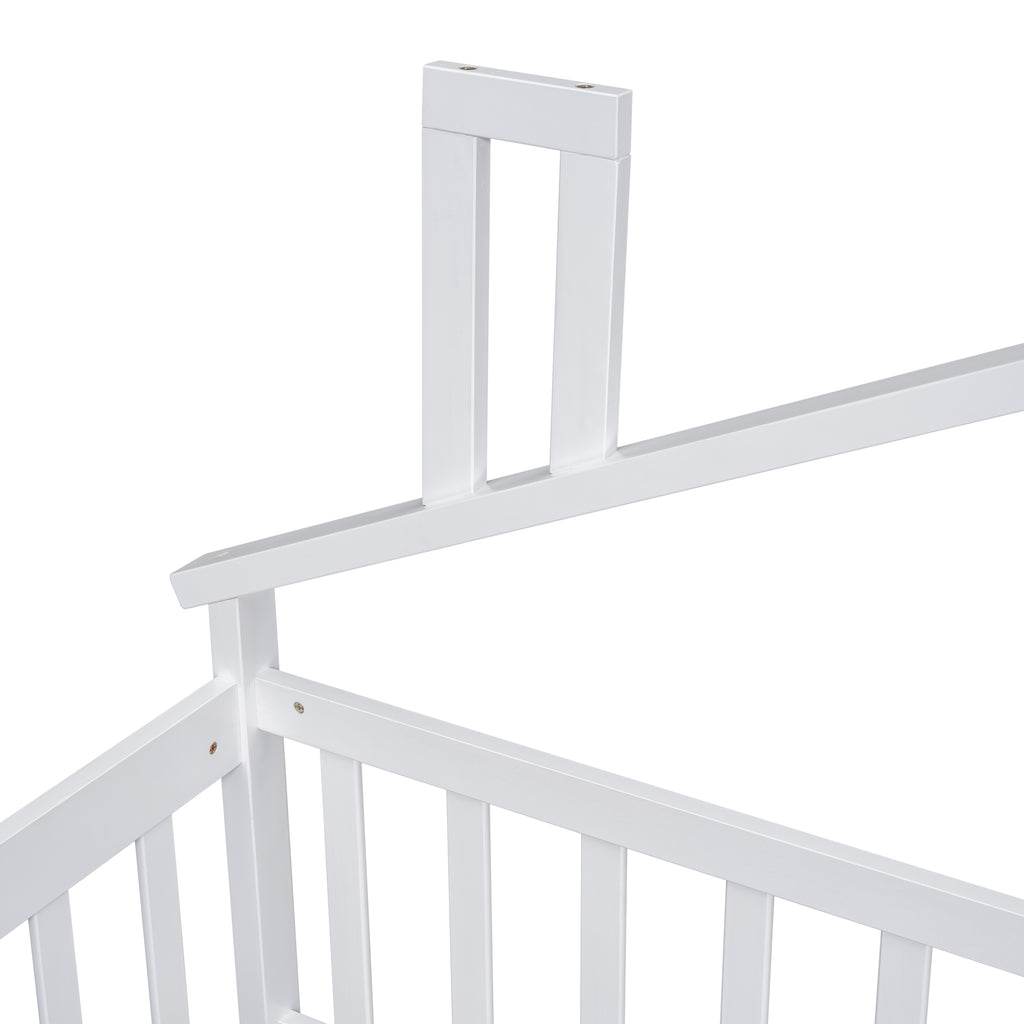 Twin House-Shaped Bedside Floor Bed Frame with Guardrails, Slats, with Door,White