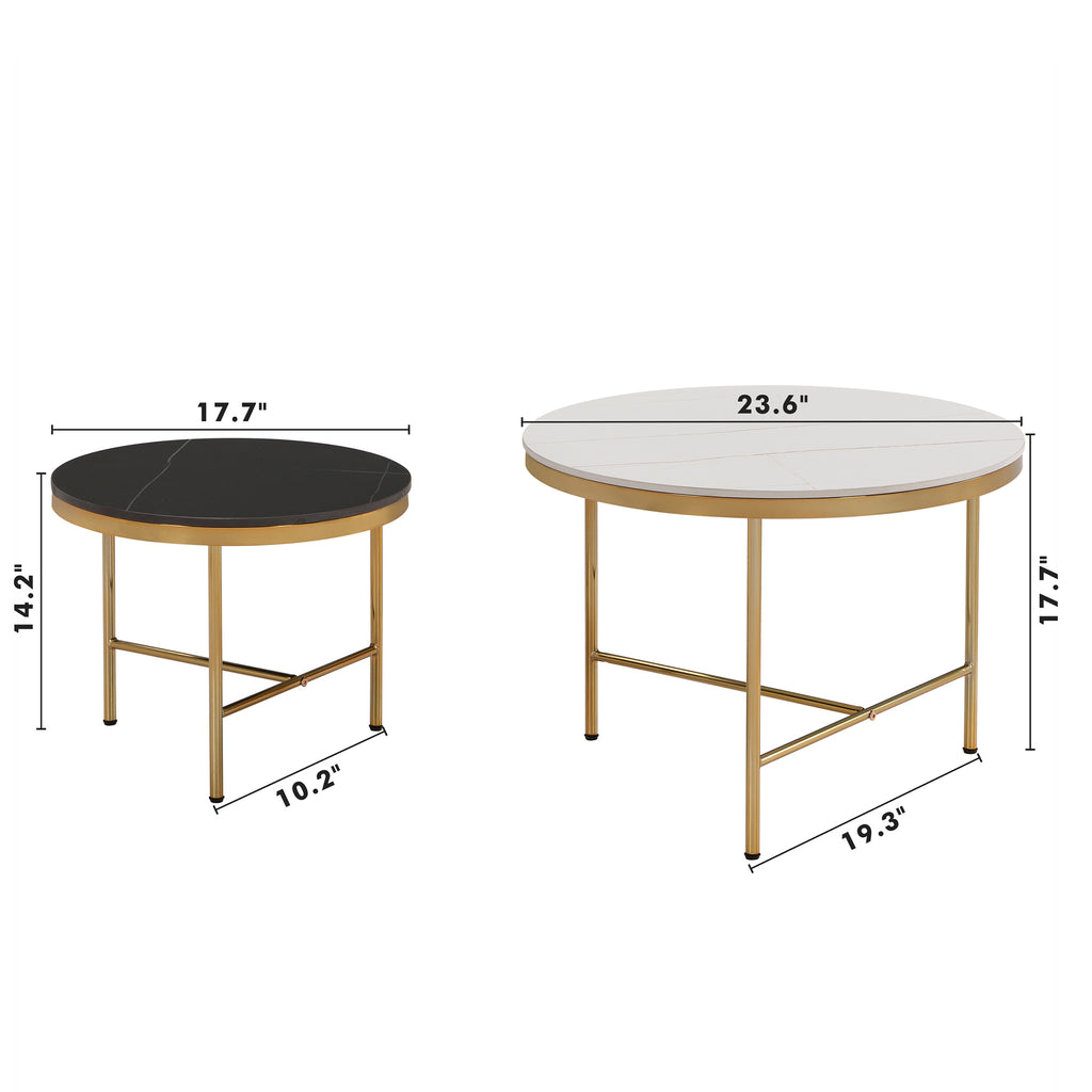 Leoglint Modern Round Nesting Coffee Table Set 2-Piece Black & White Sintered Stone Top Gold Base in 23.6''&17.7''