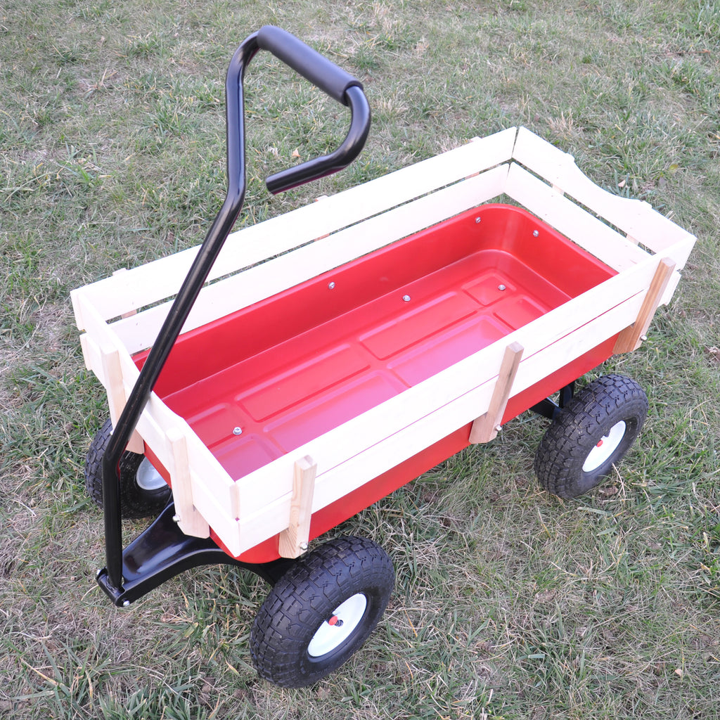 Leoglint Outdoor Wagon All Terrain Pulling Wood Railing Air Tires  Garden cart (Red+white)