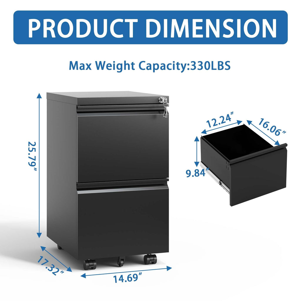 Leoglint 2 Drawer Metal  Mobile File Cabinet, Rolling File Cabinet with Lock for Hanging Legal/Letter/A4 Size,Fully Assembled Except Wheels