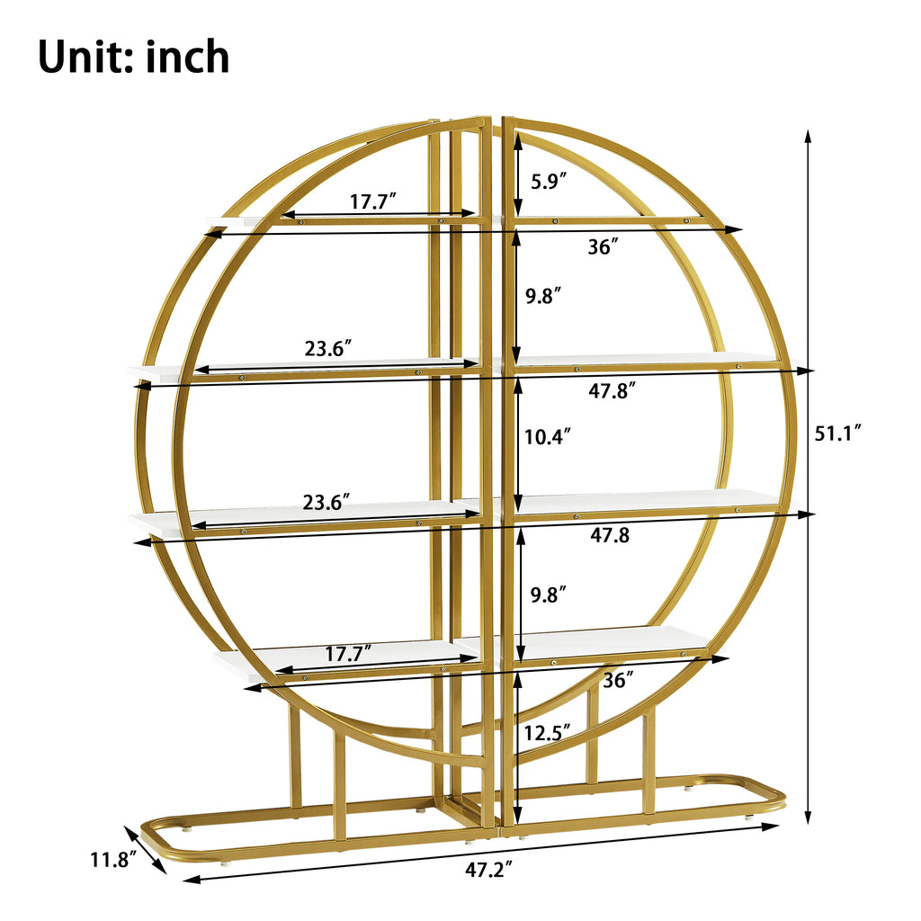 Leoglint 4 Tiers Home Office Open Bookshelf, Round Shape, Different Placement Ways, MDF Board, Gold Metal Frame, White