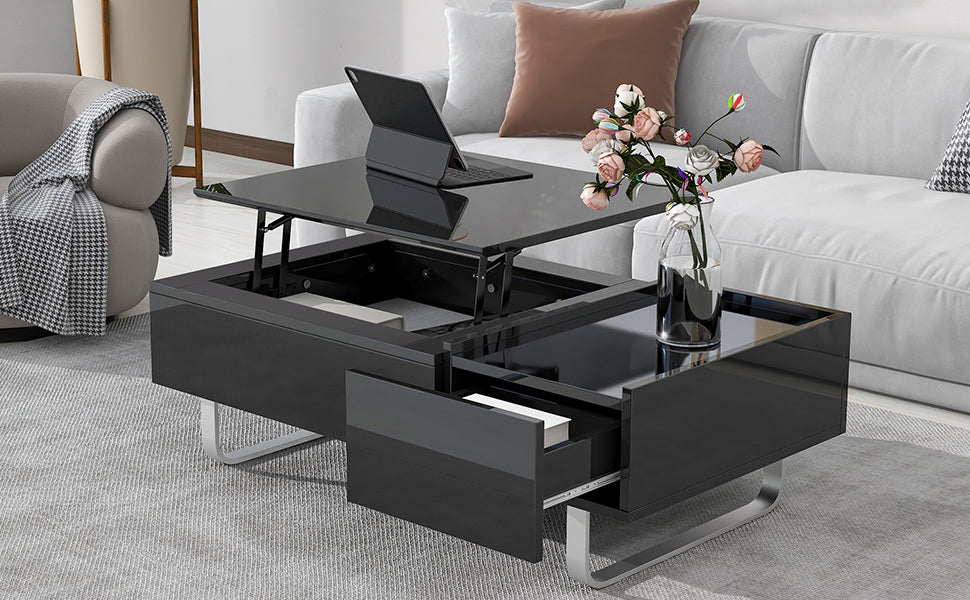 Leoglint [VIDEO provided] ON-TREND Multi-functional Coffee Table with Lifted Tabletop, Contemporary Cocktail Table with Metal Frame Legs, High-gloss Surface Dining Table for Living Room, Black