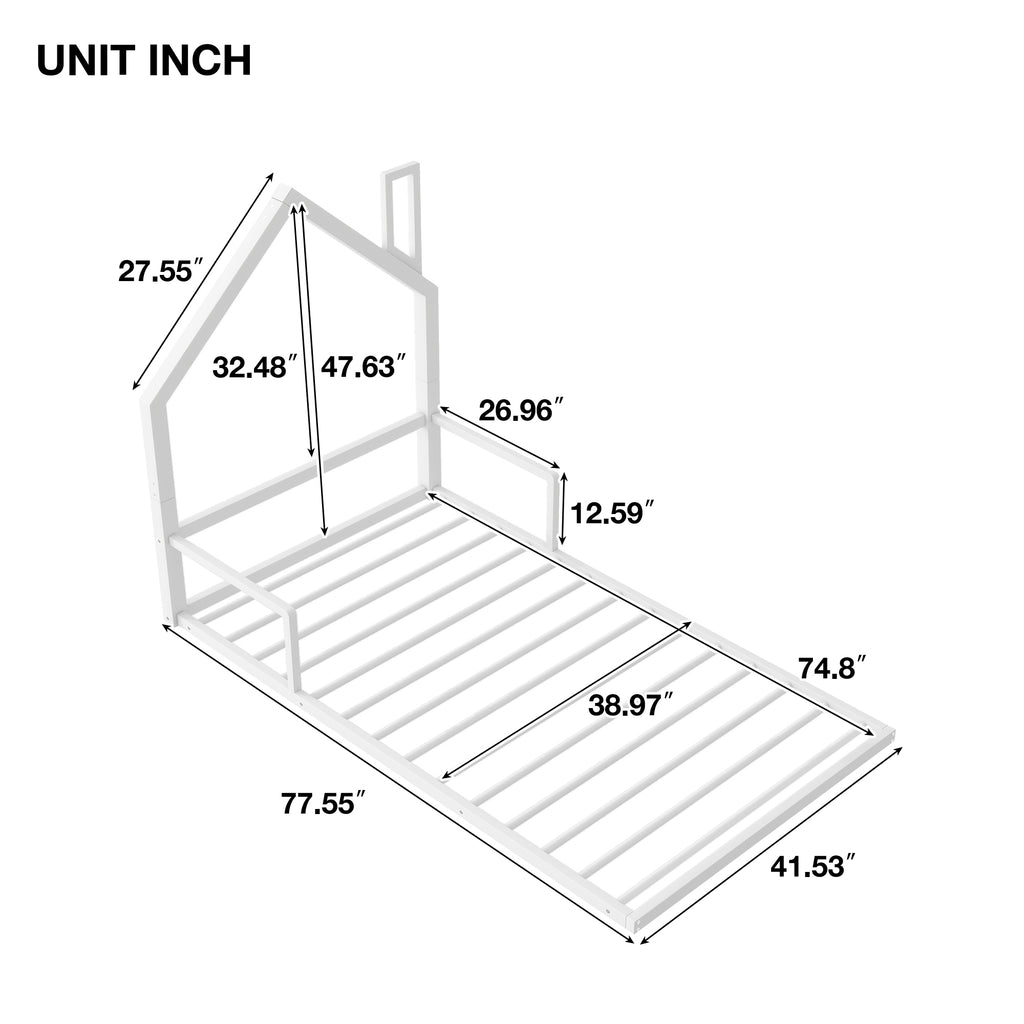 Leoglint Twin Size Metal Floor Bed Frame with House-shaped Headboard, White