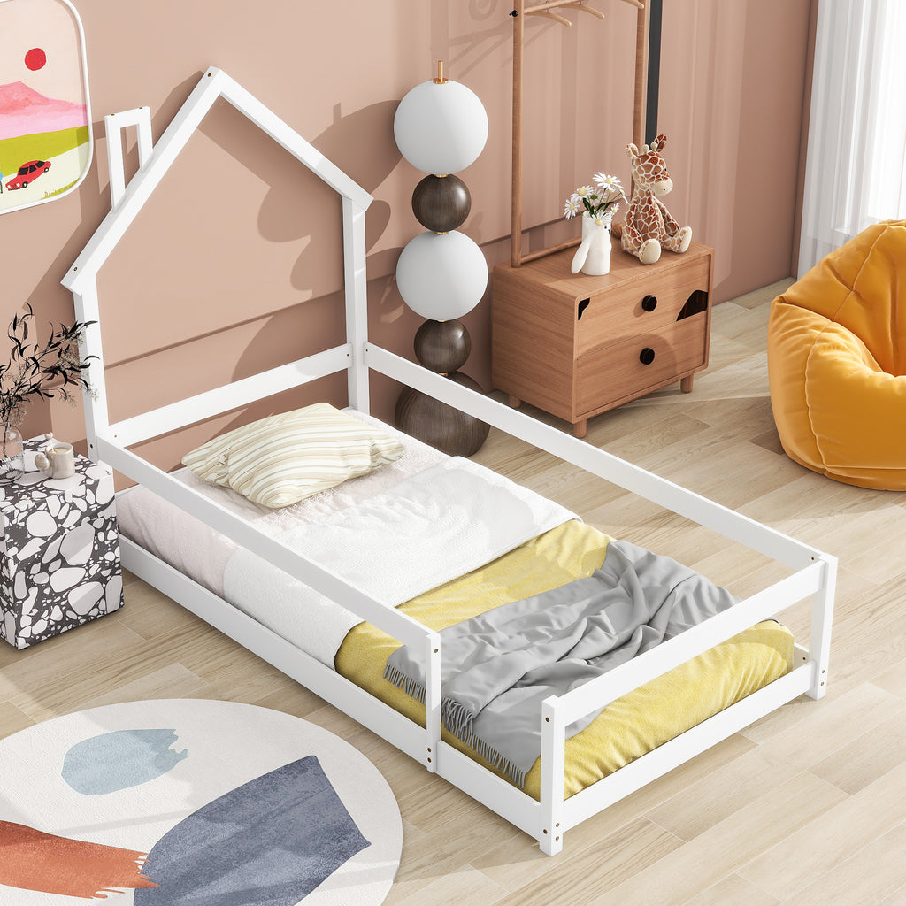 Leoglint Twin Size Wood bed frame with House-shaped Headboard Floor bed with Fences,White