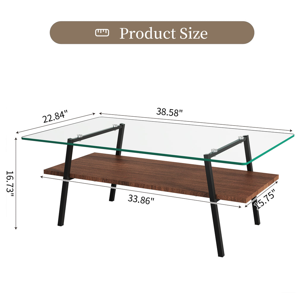 Leoglint Rectangle Coffee Table, Tempered Glass Tabletop with Black Metal Legs, Modern Table for Living Room , Transparent Glass