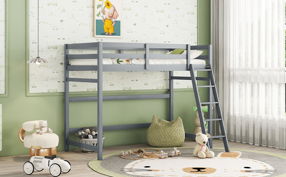 Leoglint Twin Size High Loft Bed Frame with inclined Ladder, Guardrails,Grey