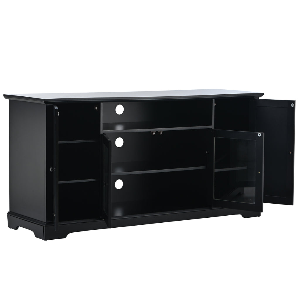 Leoglint U-Can TV Stand for TV up to 65in with 2 Tempered Glass Doors Adjustable Panels Open Style Cabinet, Sideboard for Living room, Black