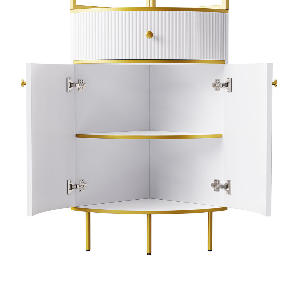 Leoglint 74.8" Tall Modern Corner Bookshelf,Fan-Shaped bookcase with 1 Drawer and 2 Doors ,Wooden Standing Corner Shelf with Gold Metal Frame for Living Room,Home Office,White