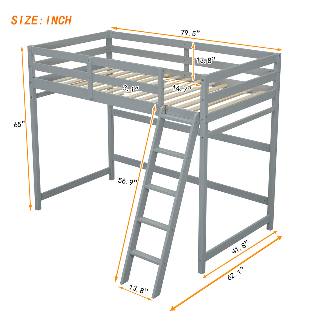 Leoglint Twin Size High Loft Bed Frame with inclined Ladder, Guardrails,Grey