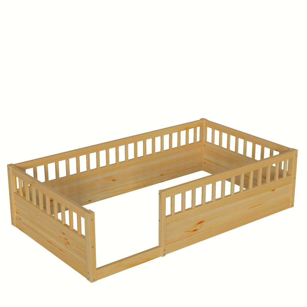 Twin Floor Bed Frame with Fence, Wood Kids Floor Beds Frame for Bedroom Playroom,Natural(Expect arrive date Jun. 21st)