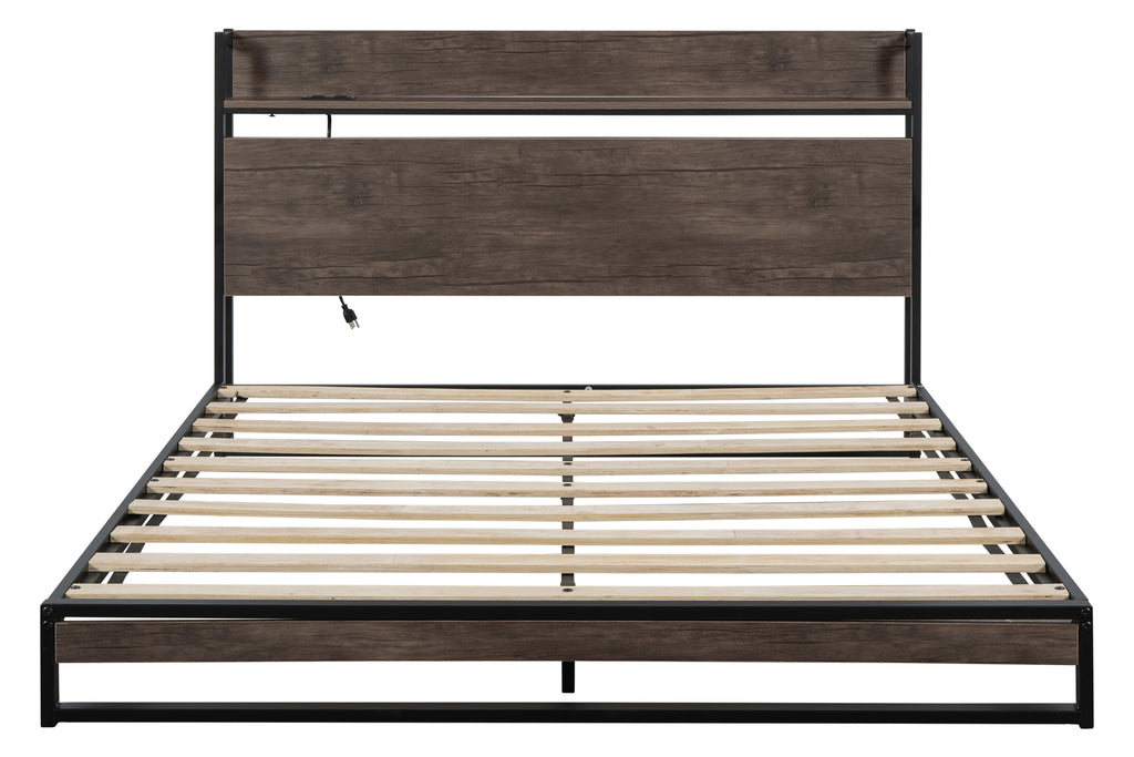 Platform Queen Bed Frame with Socket, Fast Assemble Design