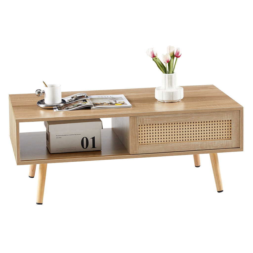 Leoglint 41.34" Rattan Coffee table, sliding door for storage, solid wood legs, Modern table  for living room , natural