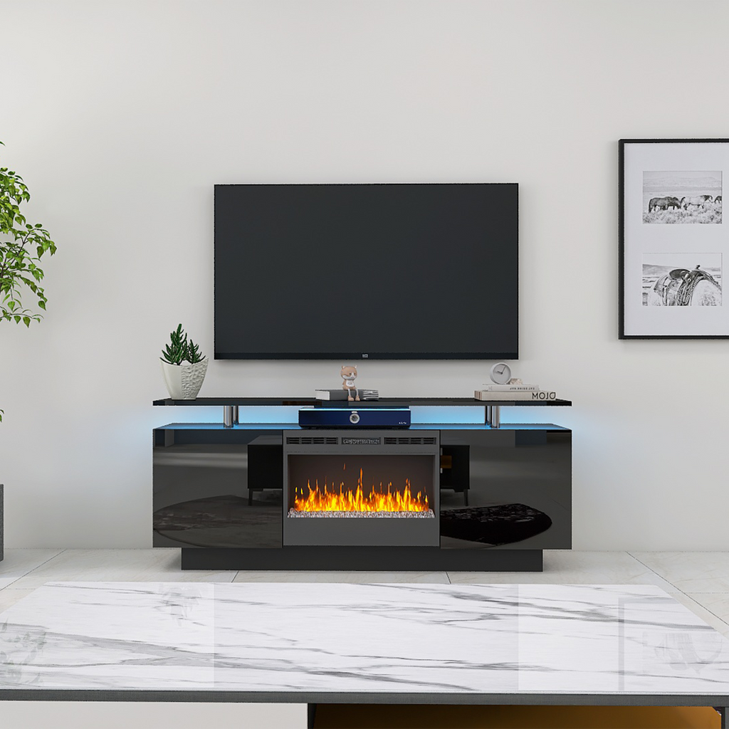 Leoglint Black 160CM large TV stand cabinet with fireplace can heating change color 9 models 8 levels have LED Light