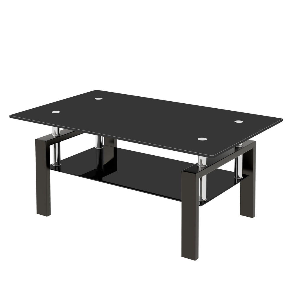 Leoglint Black Tempered Glass Coffee Table, 2 Layer Storage Tea Table