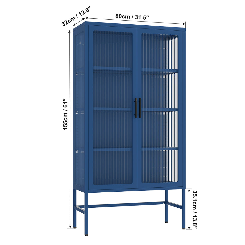 Leoglint Double Glass Door Storage Cabinet with Adjustable Shelves and Feet Cold-Rolled Steel Sideboard Furniture for Living Room Kitchen BLUE