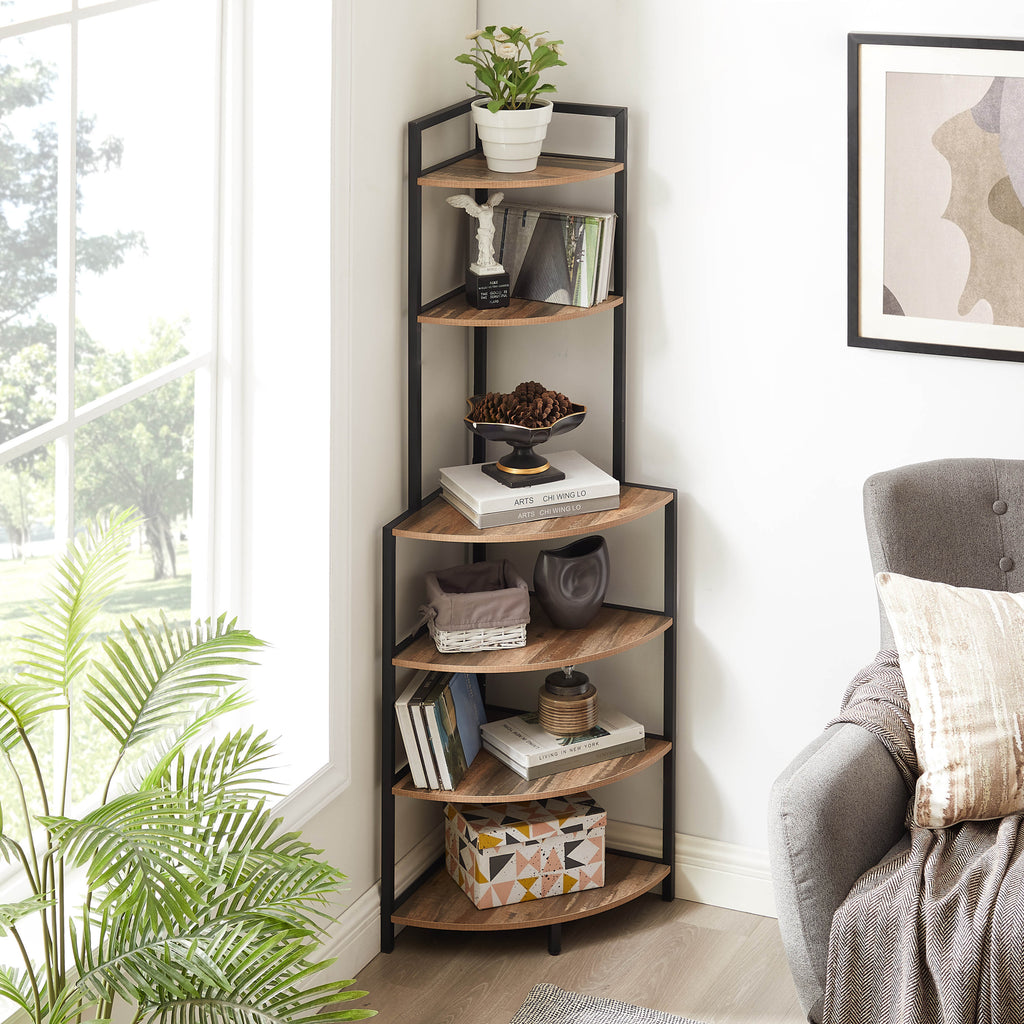 Leoglint 6-Tier Corner Open Shelf Modern Bookcase Wood Rack Freestanding Shelving Unit,Plant Album Trinket Sturdy Stand Small Bookshelf Space-Saving for Living Room Home Office Kitchen Small Space Rustic Brown