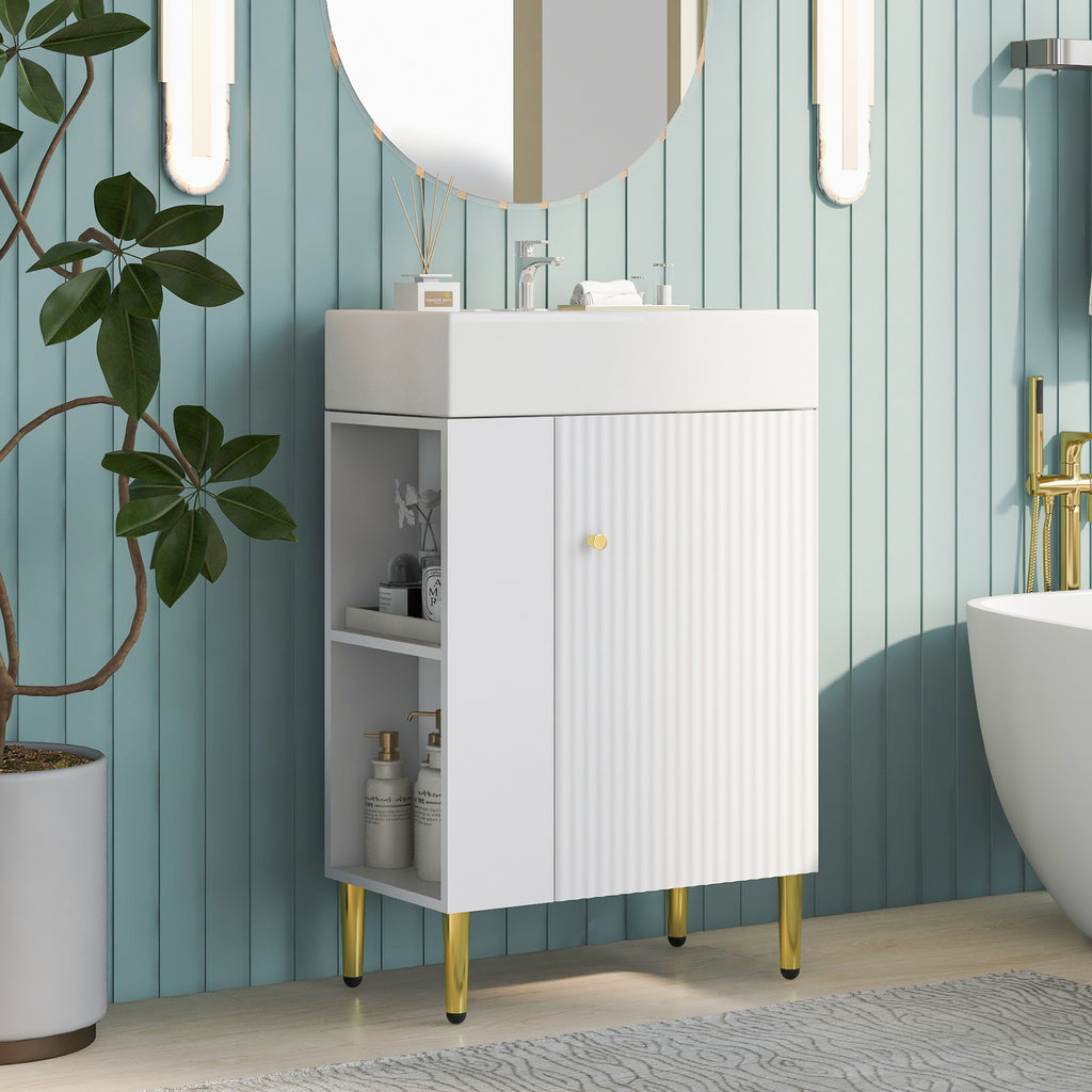 Leoglint 21.6" white Bathroom vanity, Combo Cabinet, Bathroom Storage Cabinet, Single Ceramic Sink, Left side storage