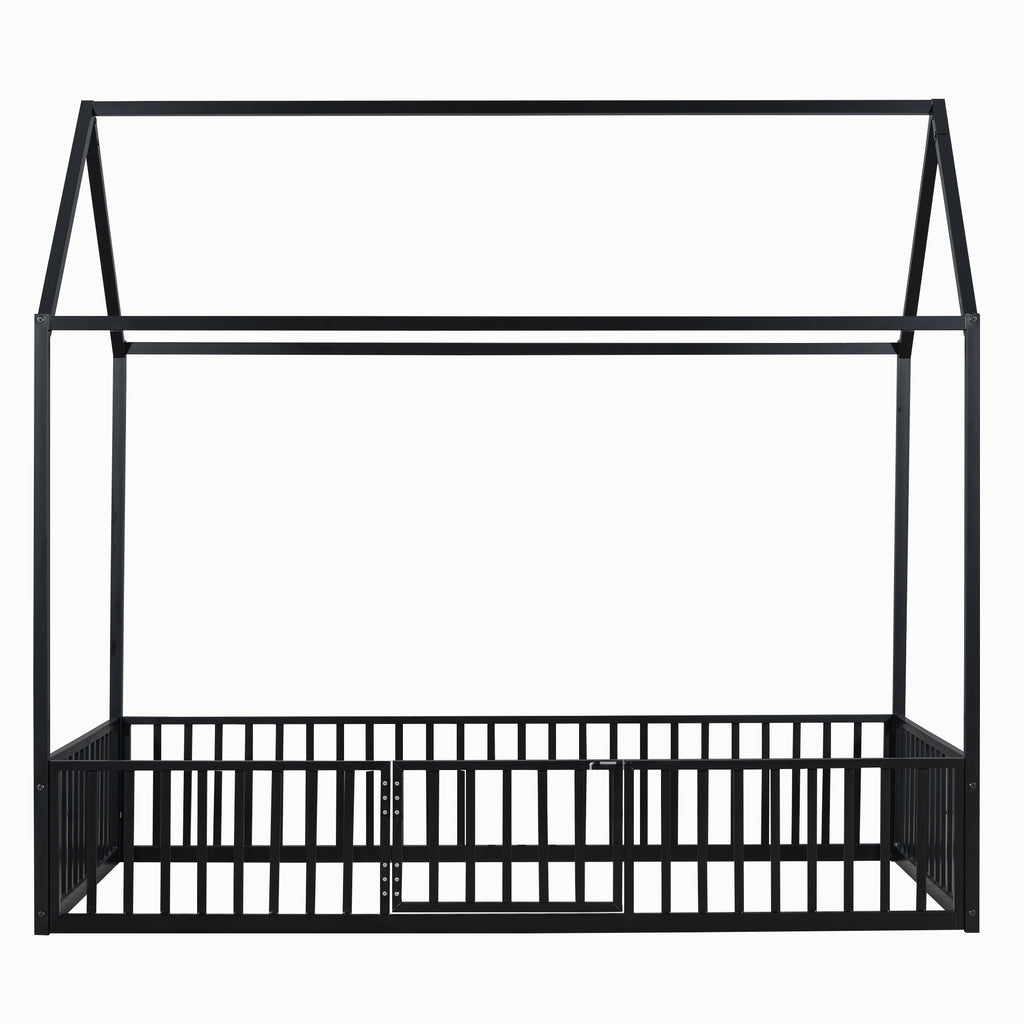 Leoglint Twin Size Metal House Bed Frame with Fence and Door, Black