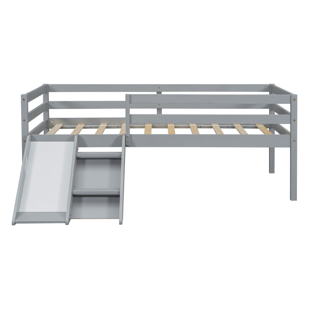 Twin Low Loft Bed Frame with Slide,  Ladder, Safety Guardrails, No Box Spring Needed,Grey