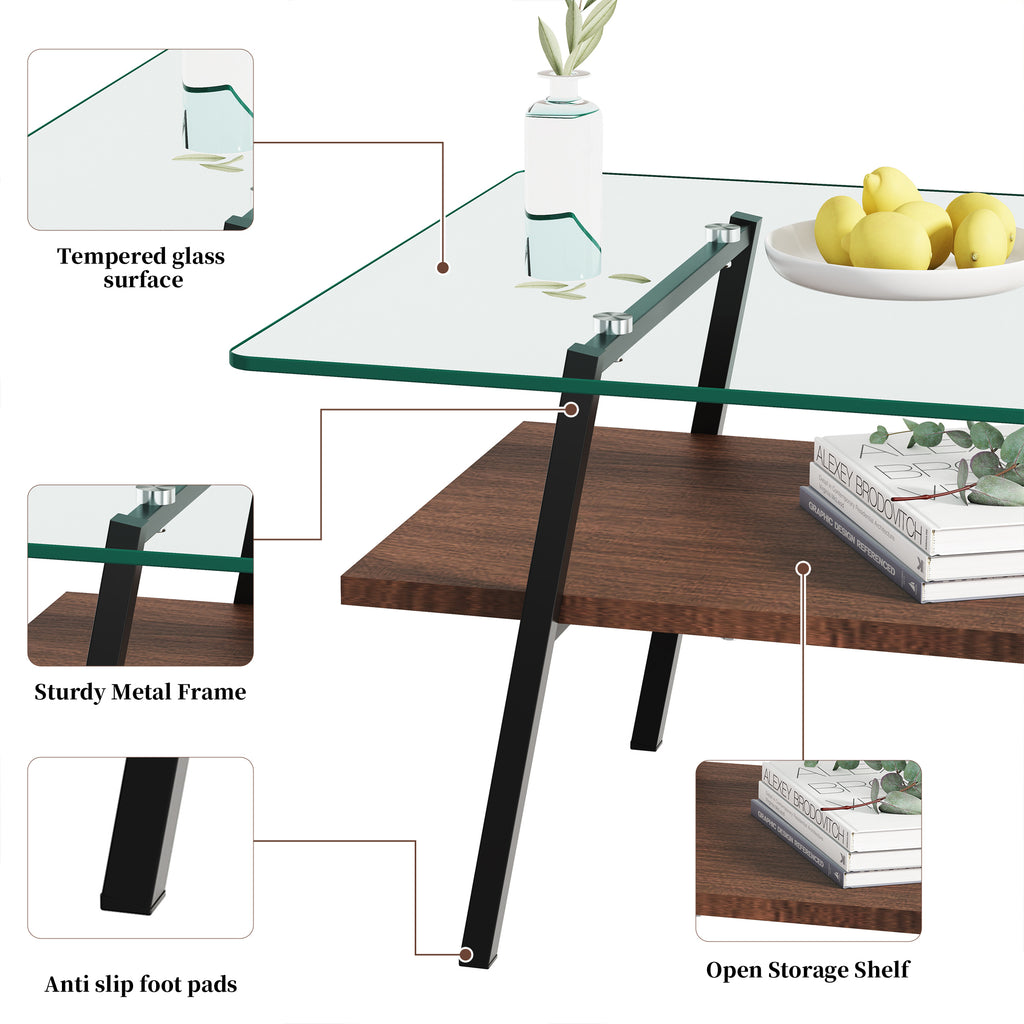 Leoglint Rectangle Coffee Table, Tempered Glass Tabletop with Black Metal Legs, Modern Table for Living Room , Transparent Glass