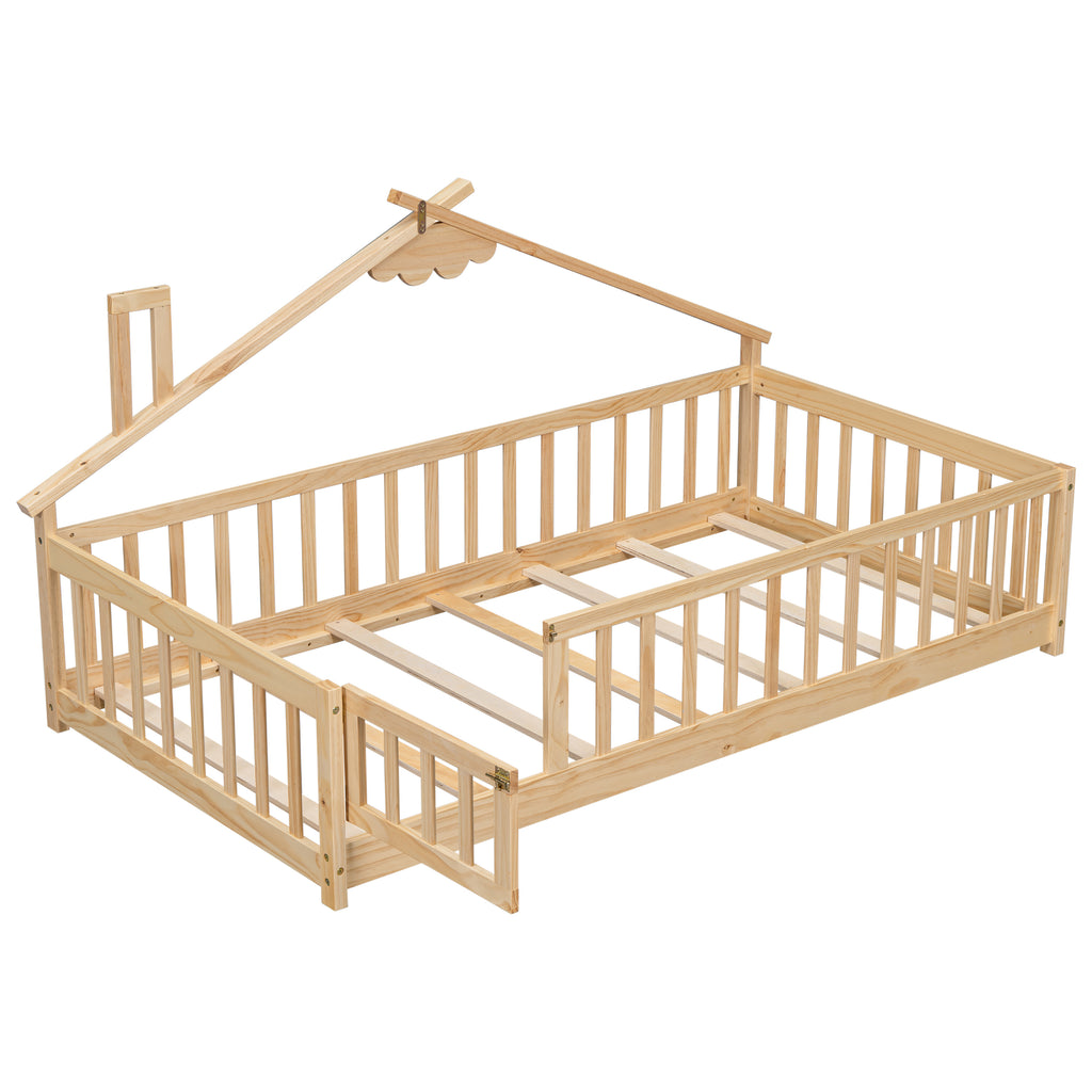 Twin House-Shaped Bedside Floor Bed Frame with Guardrails, Slats, with Door,Natural