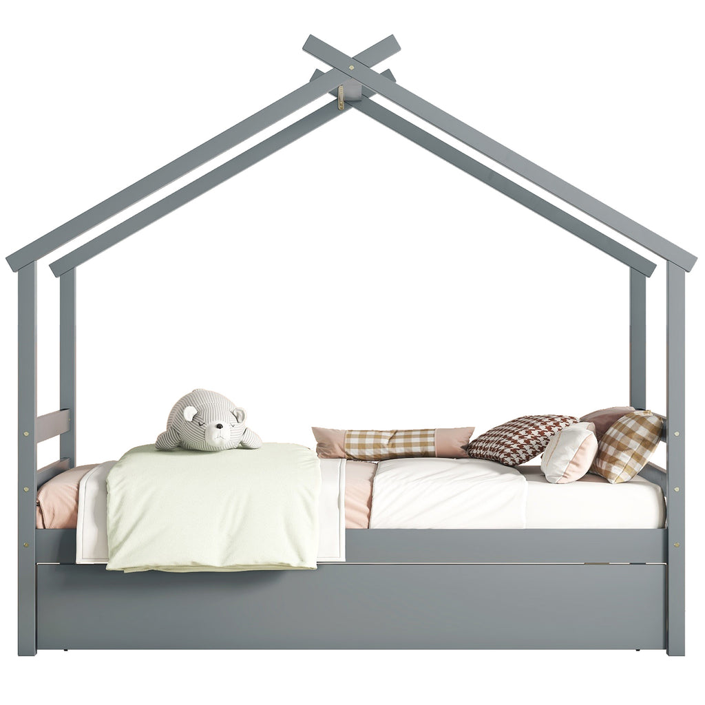 Leoglint Twin Size  House-shaped Bed Frame with Trundle,Grey