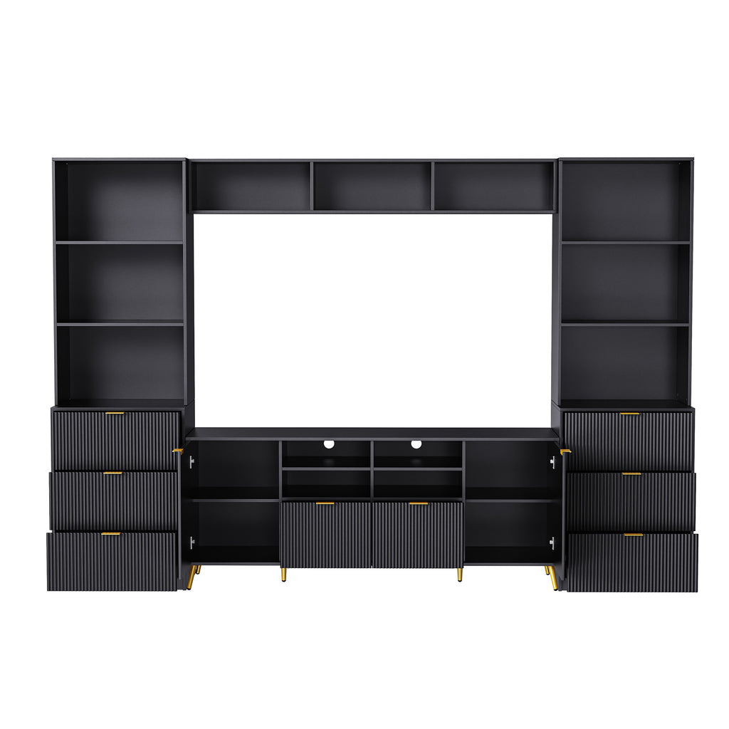 Leoglint U-Can 4-Piece Entertainment Wall Unit with 13 shelves,8 Drawers and 2 Cabinets, Multifunctional TV Stand Media Storage Cabinet with Fluted Line Surface for Living Room, for TVs Up to 70"