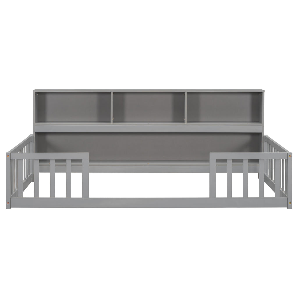 Twin Floor Bed Frame  with  Bedside Bookcase,Shelves,Guardrails,Grey