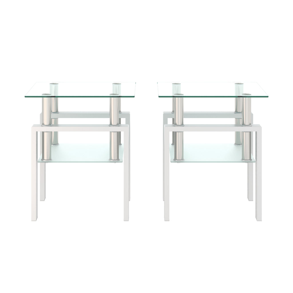 Leoglint Set of 2, Modern Tempered Glass Tea Table Coffee Table End Table, Square Table for Living Room, Transparent/White