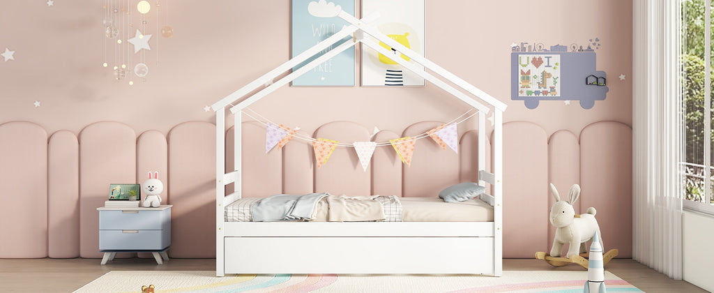 Leoglint Twin Size  House-shaped Bed Frame with Trundle,White