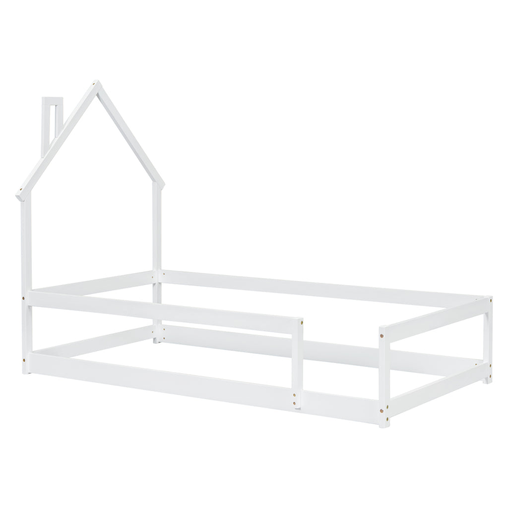 Leoglint Twin Size Wood bed frame with House-shaped Headboard Floor bed with Fences,White