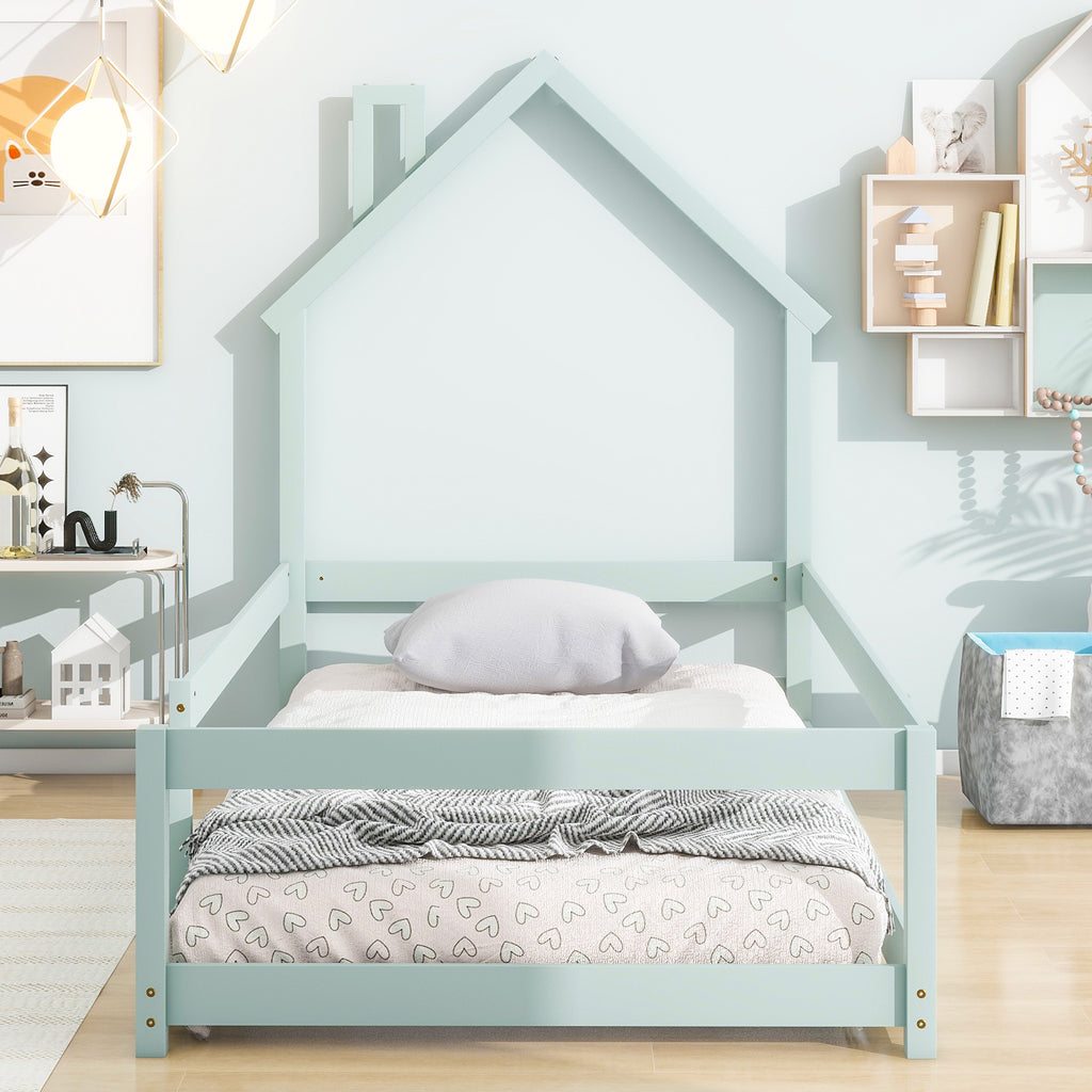 Leoglint Twin Size Wood bed frame with House-shaped Headboard Floor bed with Fences,Light Green