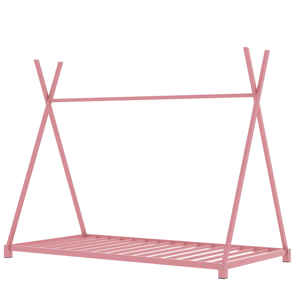 Metal Twin Size House Platform Bed Frame with Triangle Structure, Pink