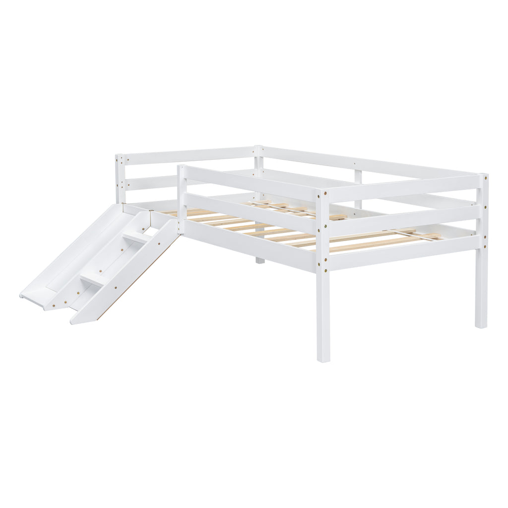 Twin Low Loft Bed Frame with Slide,  Ladder, Safety Guardrails, No Box Spring Needed,White