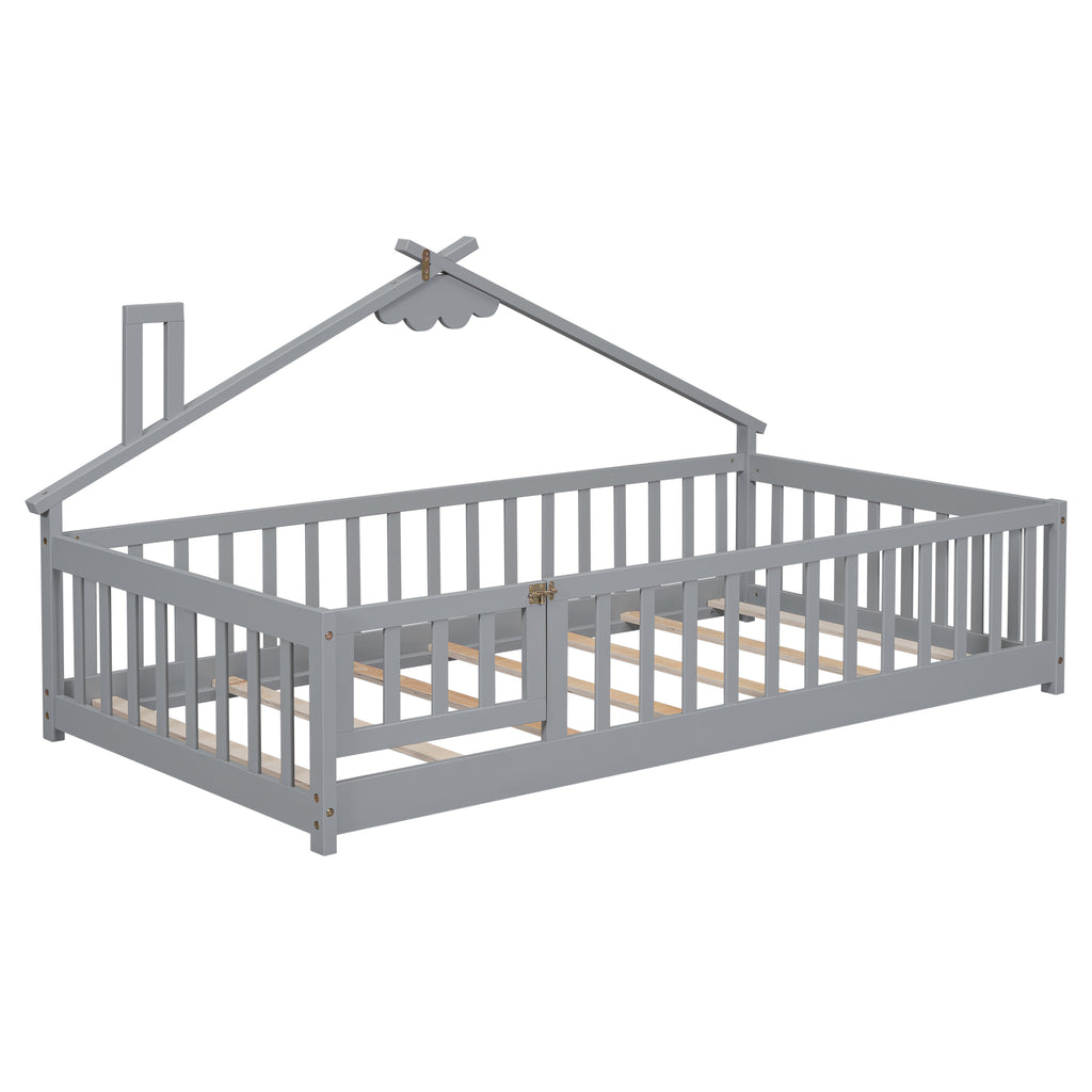 Twin House-Shaped Bedside Floor Bed Frame with Guardrails, Slats, with Door,Grey