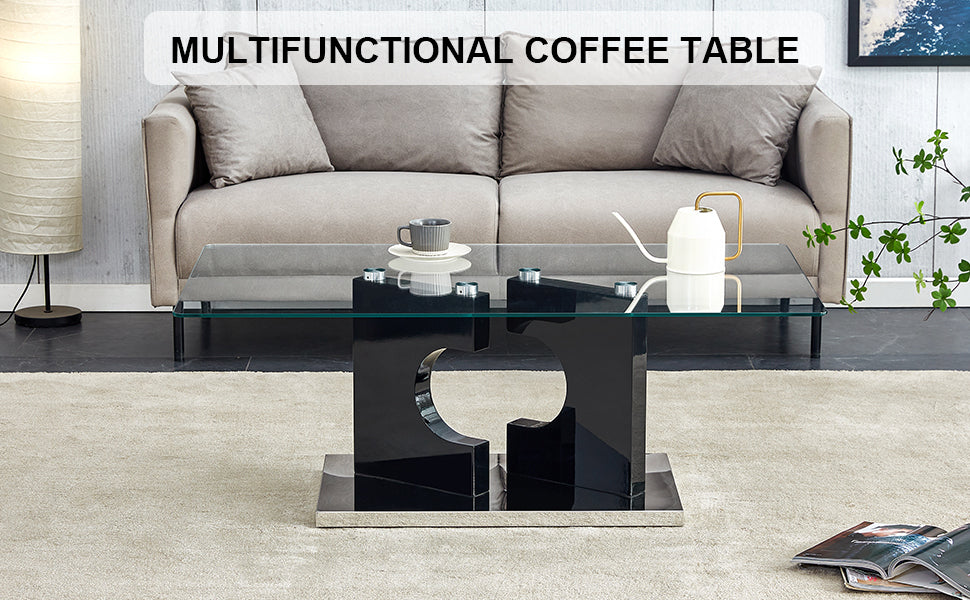 Leoglint A rectangular modern and fashionable coffee table with tempered glass tabletop and black MDF legs. Suitable for living room.47.2"*25.5"*18"