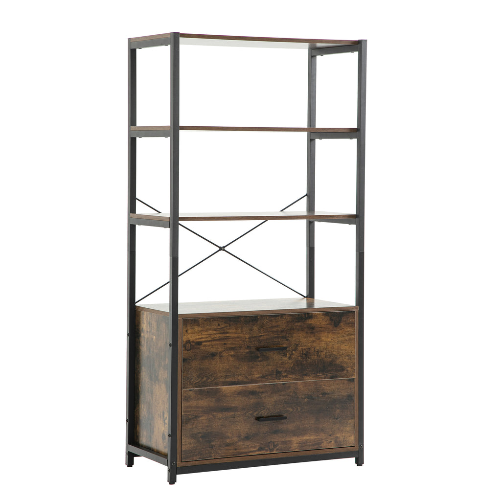 Leoglint Industrial Bookcase with File Cabinet Drawers, 62.7 in Tall Bookshelf 4 Tier, Freestanding Storage Home Office Cabinet Organizer, Rustic Home Decor, Vintage Brown