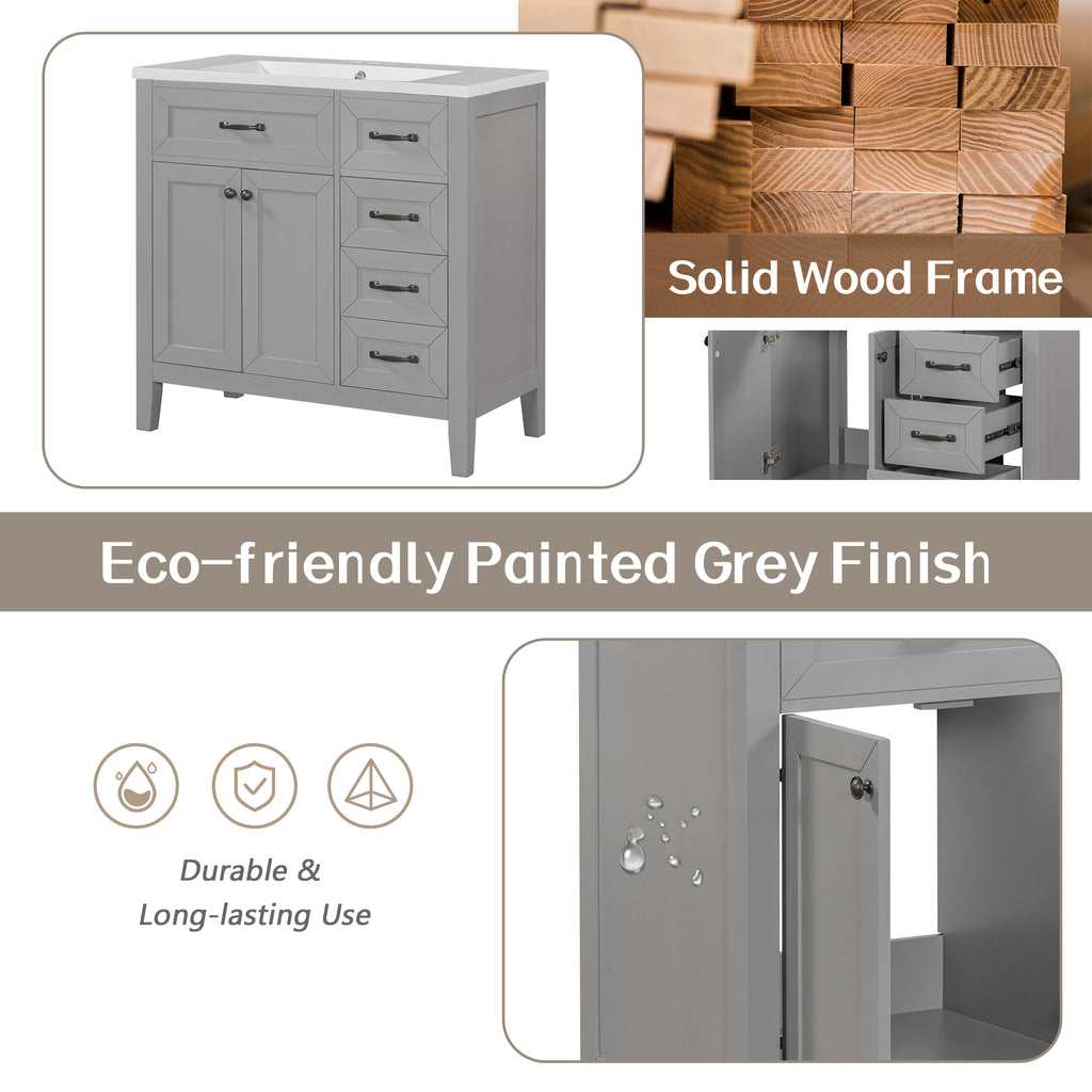 Leoglint 36" Bathroom Vanity without Sink, Cabinet Base Only, Bathroom Cabinet with Drawers, Solid Frame and MDF Board, Grey