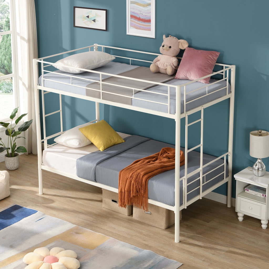 Leoglint Twin Over Twin Metal Bunk Bed Frame,Metal Structure Bedframe with Safety Guardrails and 2 ladders,Convertible Bunkbeds,No Spring Box Required and Space Saving Design,White