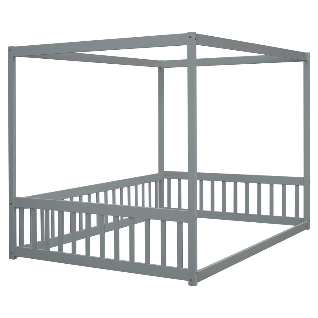 Leoglint Bed Frame Full Size Canopy Frame Floor Bed with Fence, Guardrails,Grey