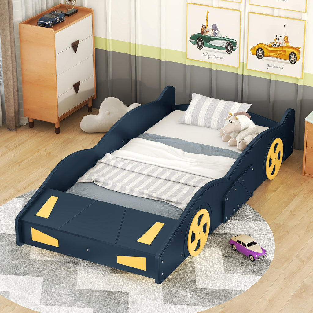 Leoglint Twin Size Race Car-Shaped Platform Bed Frame with Wheels and Storage, Dark Blue+Yellow