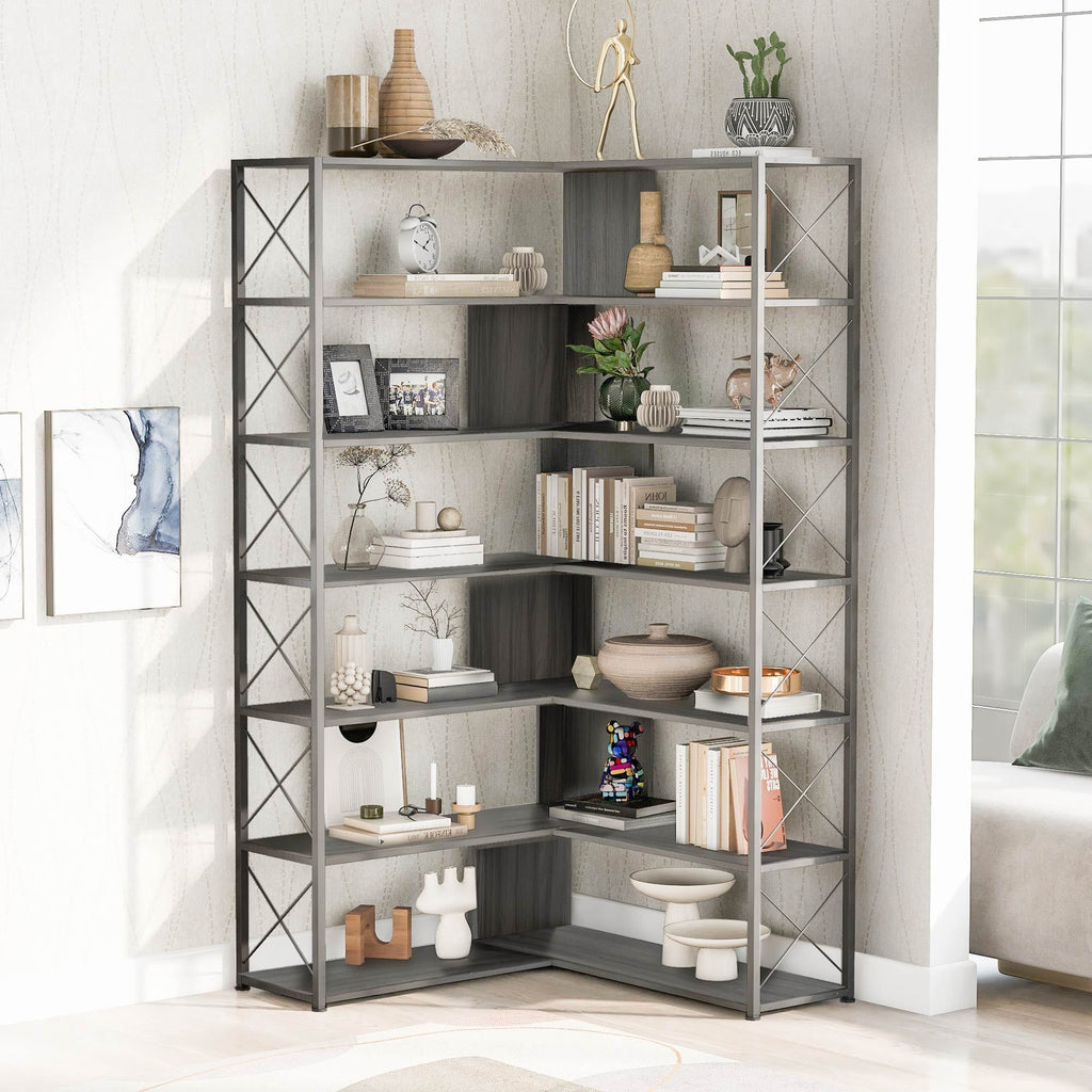 Leoglint Silver+Grey 7-Tier Bookcase Home Office Bookshelf,  L-Shaped Corner Bookcase with Metal Frame, Industrial Style Shelf with Open Storage, MDF Board