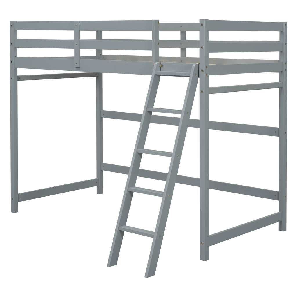 Leoglint Twin Size High Loft Bed Frame with inclined Ladder, Guardrails,Grey