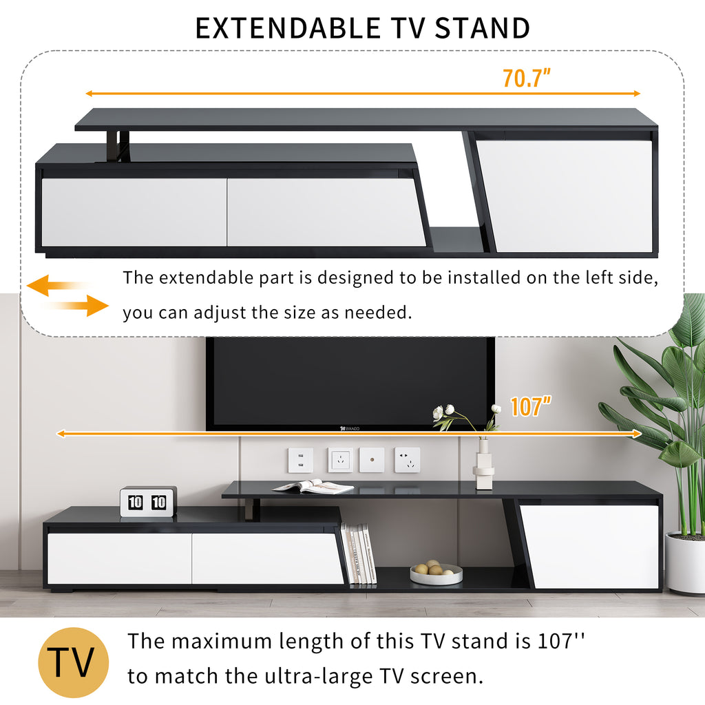 Leoglint U-Can Modern, Minimalist Rectangle Extendable TV Stand, TV Cabinet with 2 Drawers and 1 Cabinet for Living Room, Up to 100''