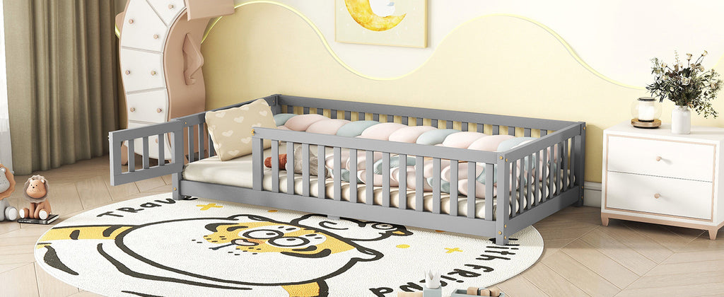 Leoglint Twin Size Bed Floor Bed Frame with Safety Guardrails and Door for Kids, Gray(Old SKU: W158090685)