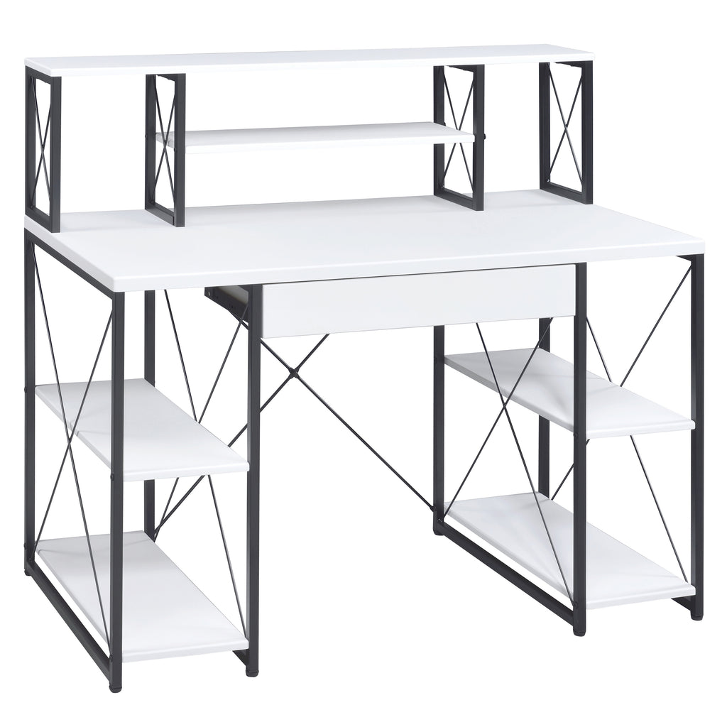 Leoglint White and Black Office Desk with Open Shelves and Hutch