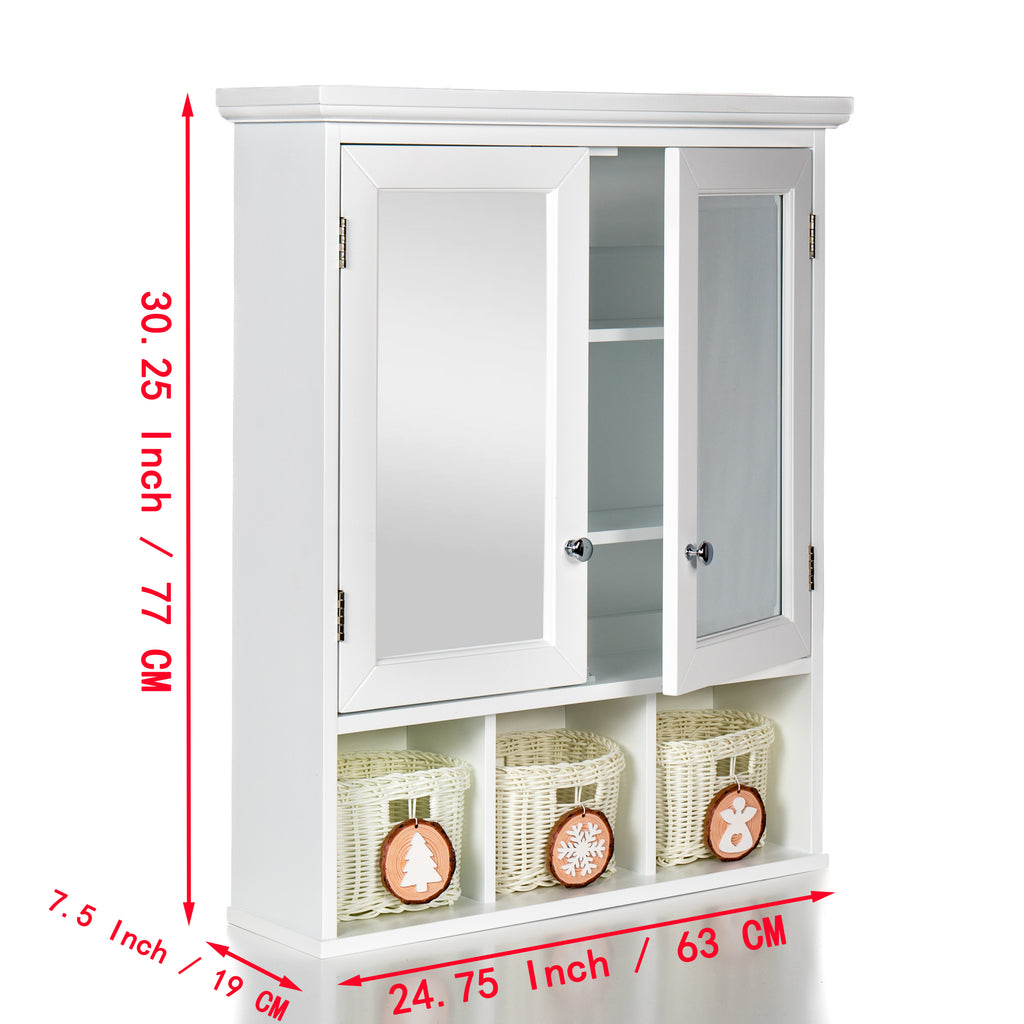 Leoglint Bathroom Storage Cabinet, Medicine Cabinets for Bathroom with Mirror, 2 Doors 2 Adjustable Shelf + 3 Christmas Style Storage Basket, White Wood Cabinet Wall Mounted for Bathroom Laundry Room Kitchen