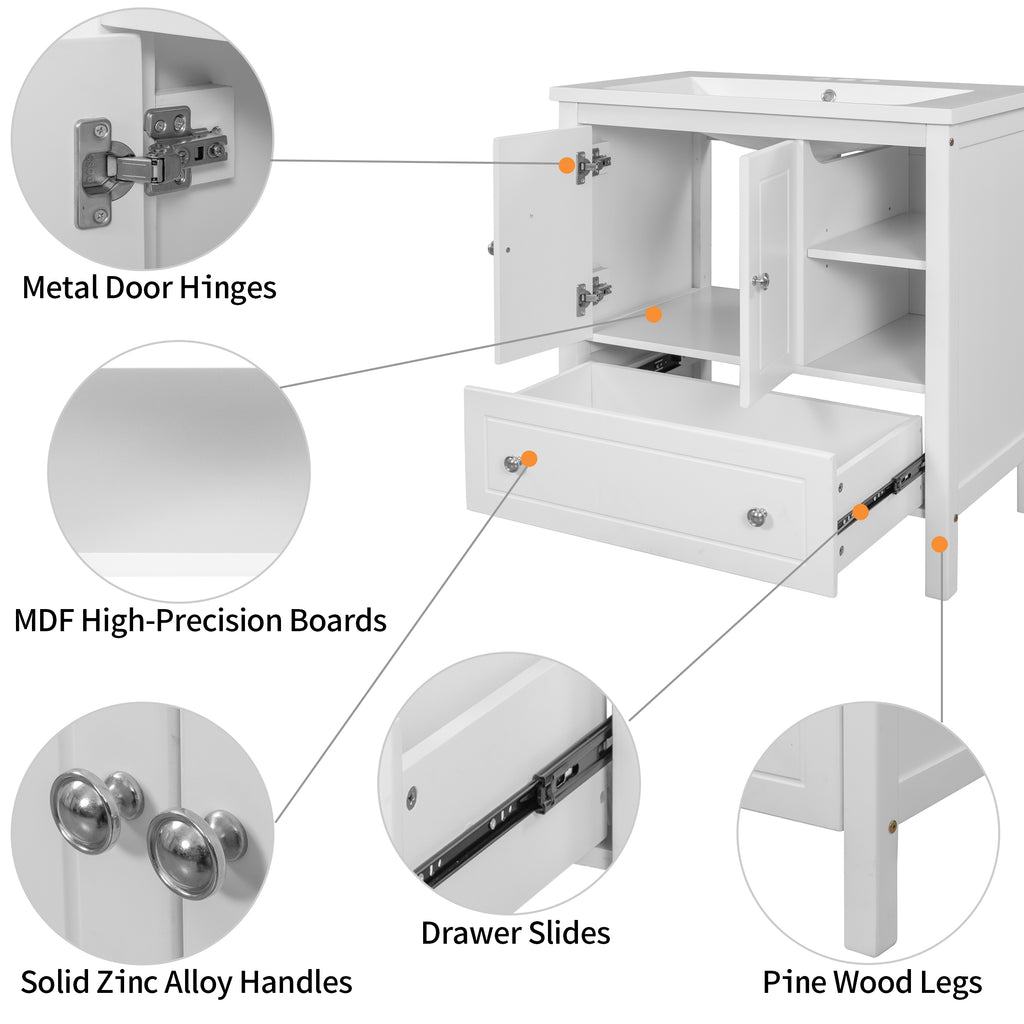 Leoglint 30" Bathroom Vanity Base Only, Solid Wood Frame, Bathroom Storage Cabinet with Doors and Drawers, White