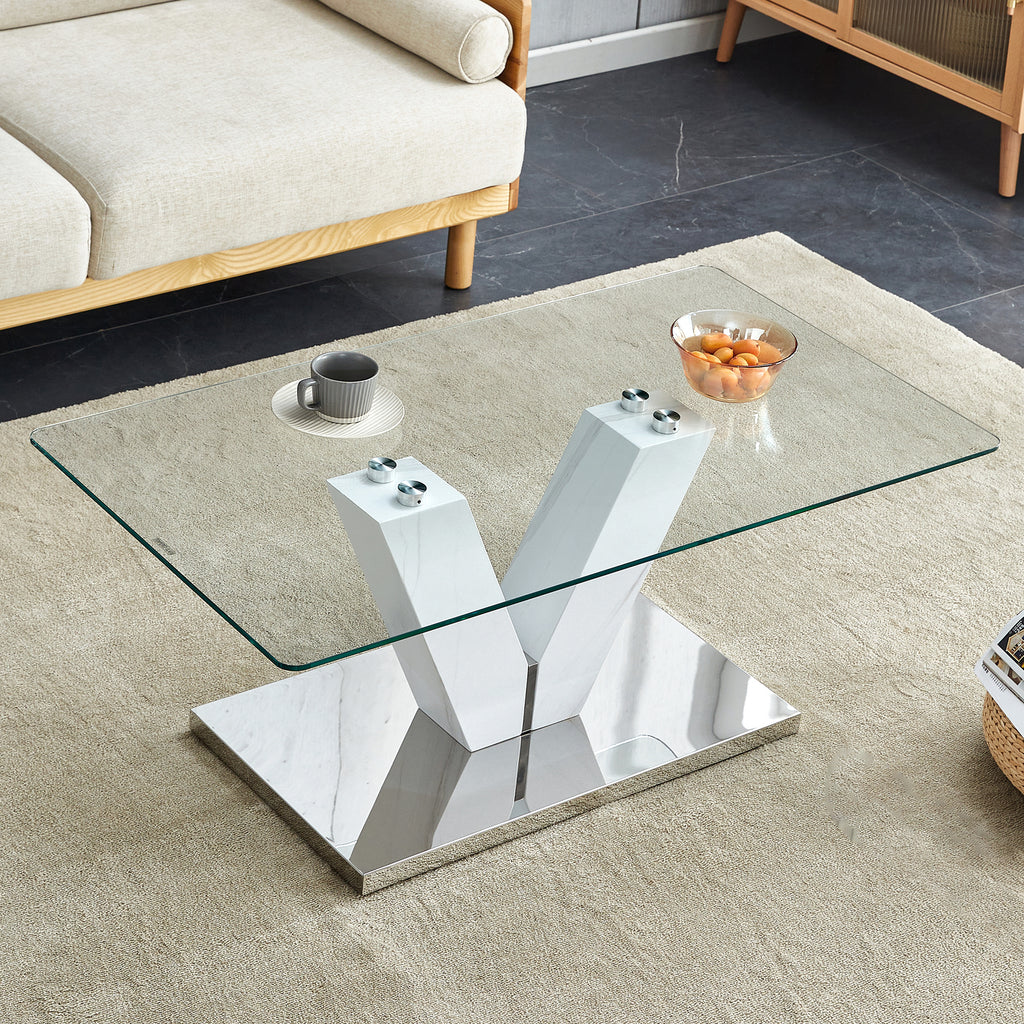 Leoglint Modern minimalist coffee table. Transparent tempered glass tabletop with silver MDF pillars. Suitable for living room and dining room