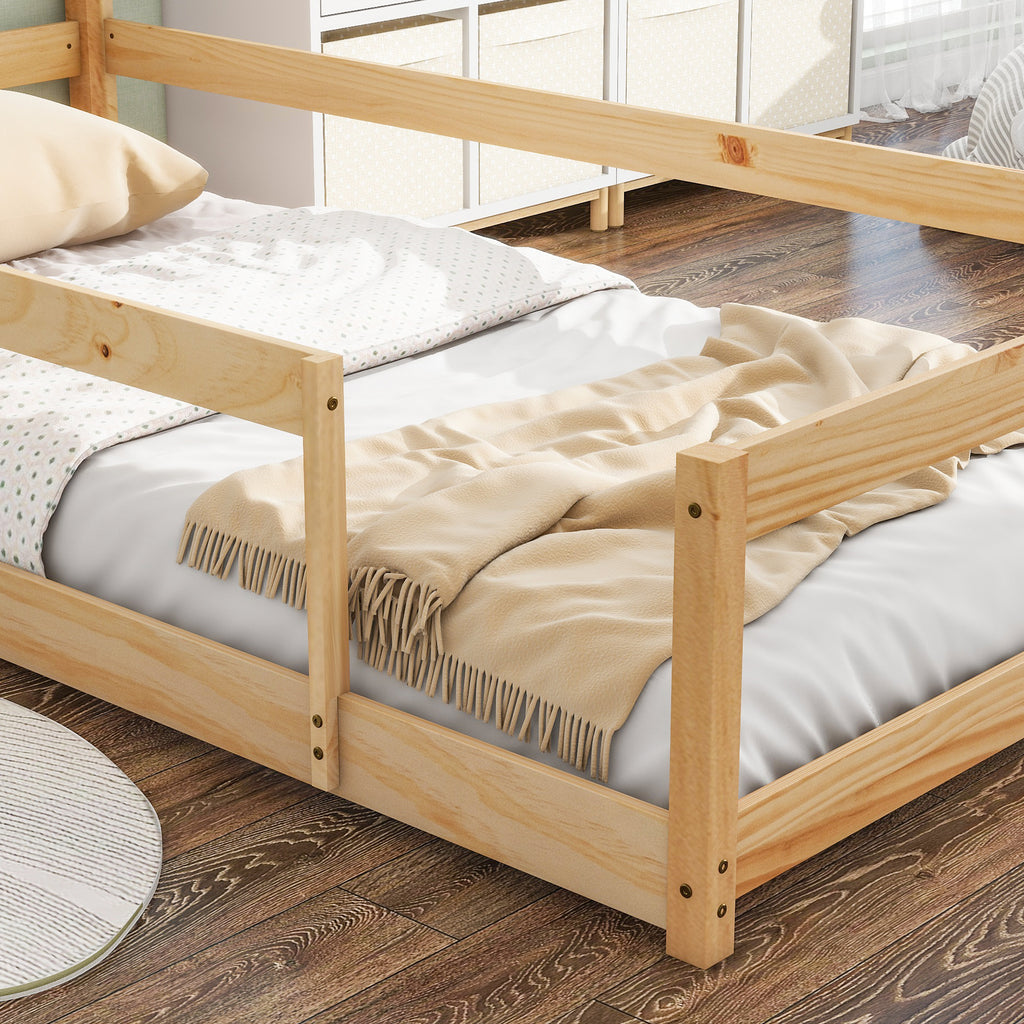 Twin Size Wood bed Frame with House-shaped Headboard Floor bed with Fences,Natural